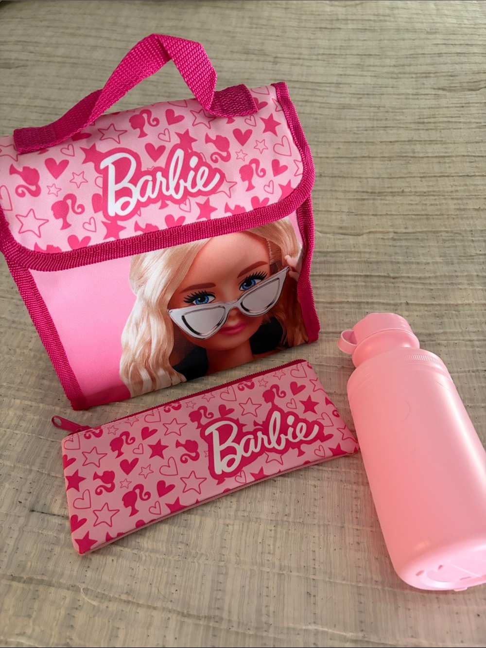 Barbie Pink Lunch Bag, Pencil Case & Light Pink Water Bottle brand new